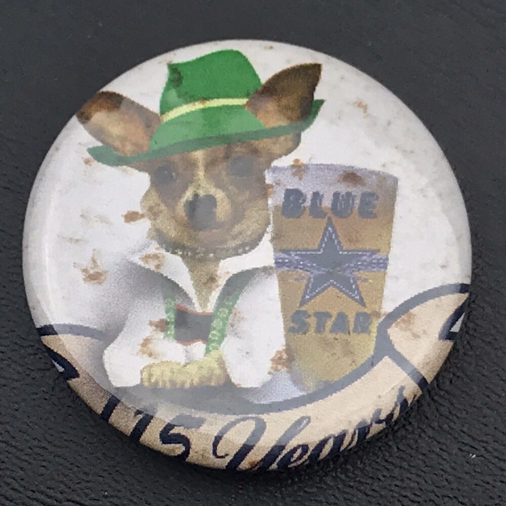 Blue Star Beer Pin White Brown Oktoberfest Dog Pinback Button Vintage Breweriana
